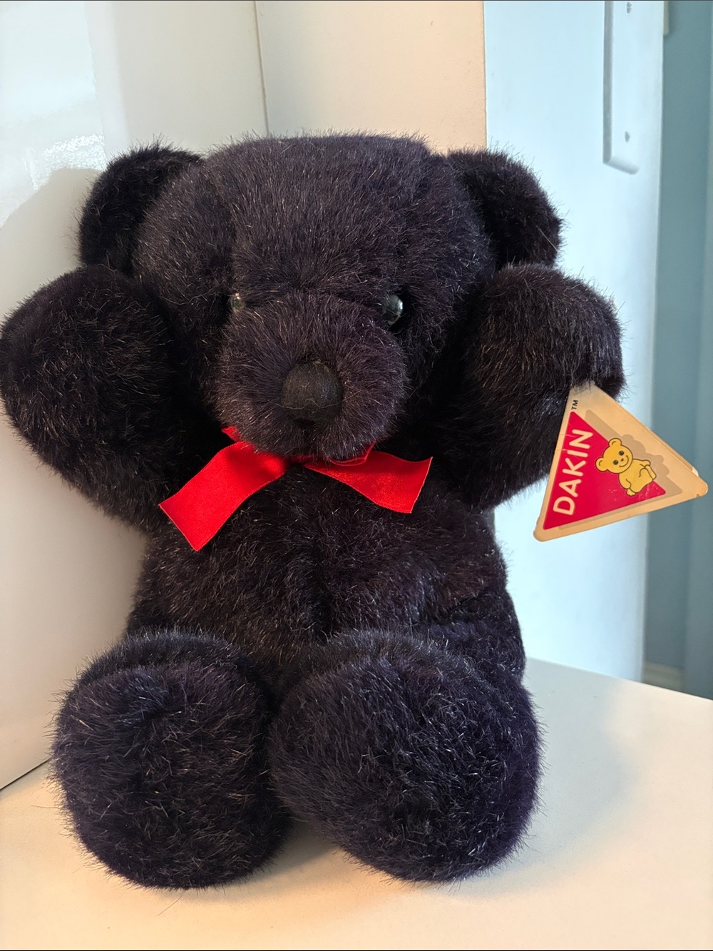 Vintage 1979 with tags Dakin Black ‘Cuddles’ Plush Teddy Bear with Red Bow